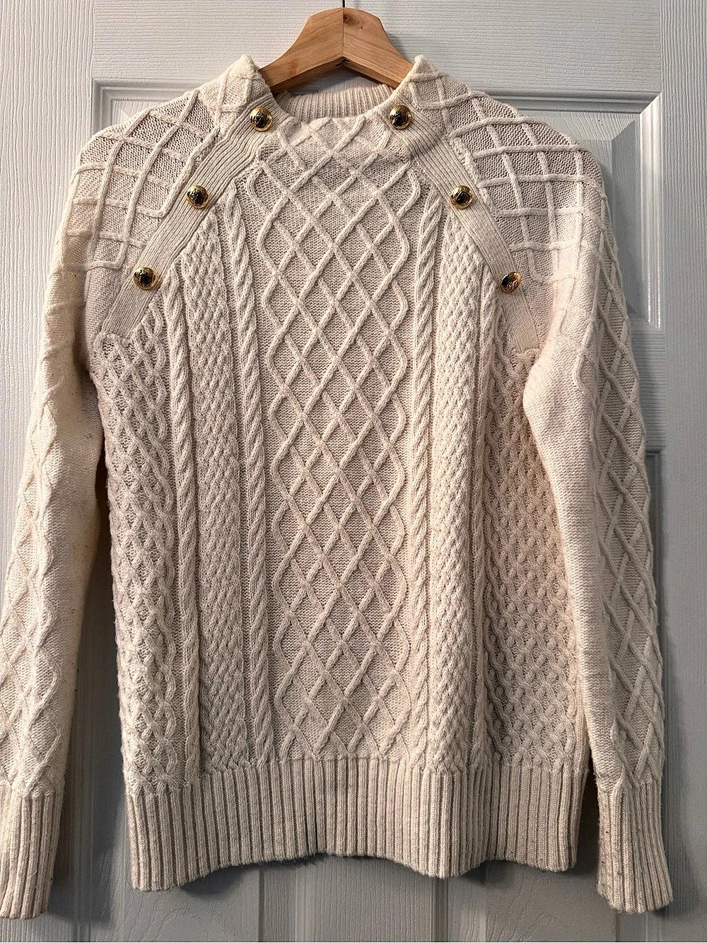 Talbots Cable Knit Button Shoulder Sweatshirt White XS